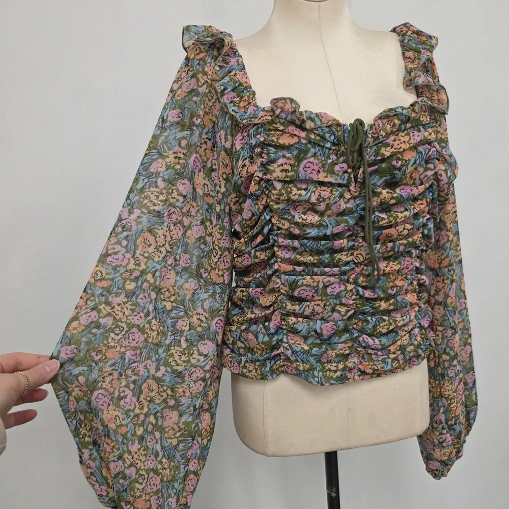 Free People Mabel Garden Top Size L‎ Smocked Puff Sleeve Romantic Renaissance